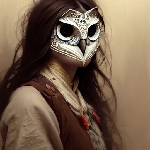 Prompt: A girl wearing an owl mask, face, detailed, intricate, elegant, highly detailed, digital painting, artstation, concept art, smooth, sharp focus, illustration, art by Krenz Cushart and Artem Demura and alphonse mucha