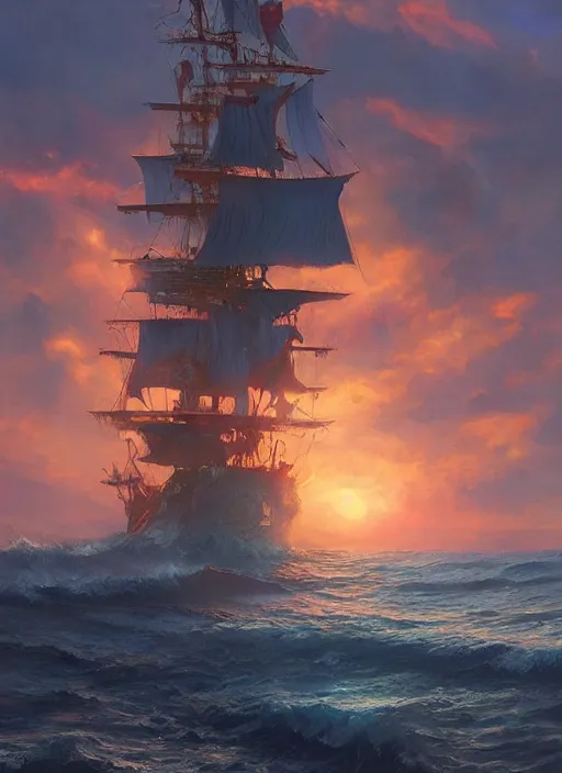Image similar to a pirate ship soaring through the air majestically at magic hour, volumetric lighting, beautiful sunset painted by raymond swanland