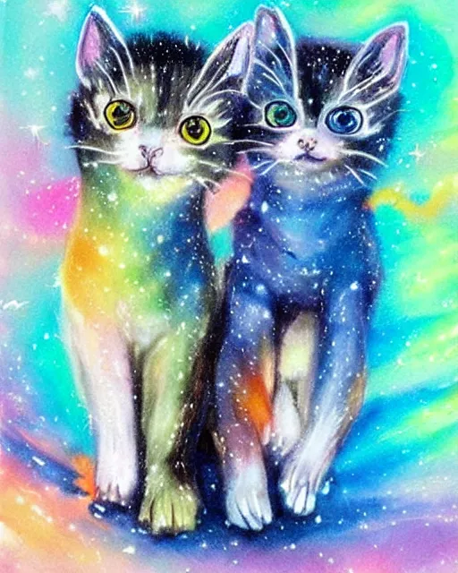 Prompt: cute galactic space kittens, painted in bright water colors
