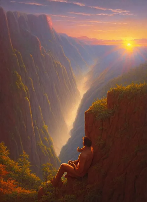 Image similar to an indigenous man sitting at the top of a cliff, looking down at the valley, doing a vision quest, beautiful sunset, art by christophe vacher