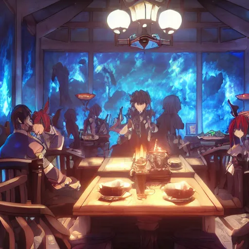 Prompt: interior of the tavern of blue flames, anime fantasy illustration by tomoyuki yamasaki, kyoto studio, madhouse, ufotable, square enix, cinematic lighting, trending on artstation