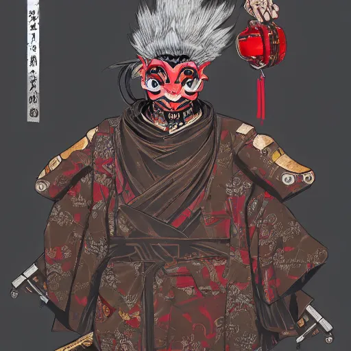 Image similar to a detailed portrait of a fashionable ancient japanese demon oni wearing a cyberpunk bosozoku outfit the style of william blake and norman rockwell, kubrick, muted color scheme, crisp, artstationhd