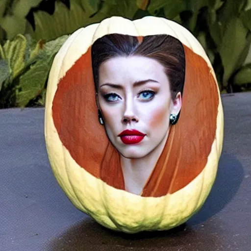 Image similar to a [ gourd ] carved shaped to look like ( amber heard face ) hybrid intercross