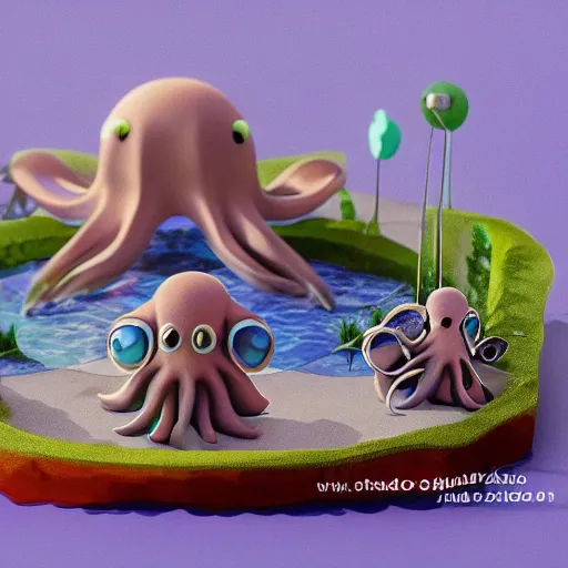 Image similar to miniature 3 d set of a friendly, cute octopus in a small village, with shallow depth of field, by studio ghibli