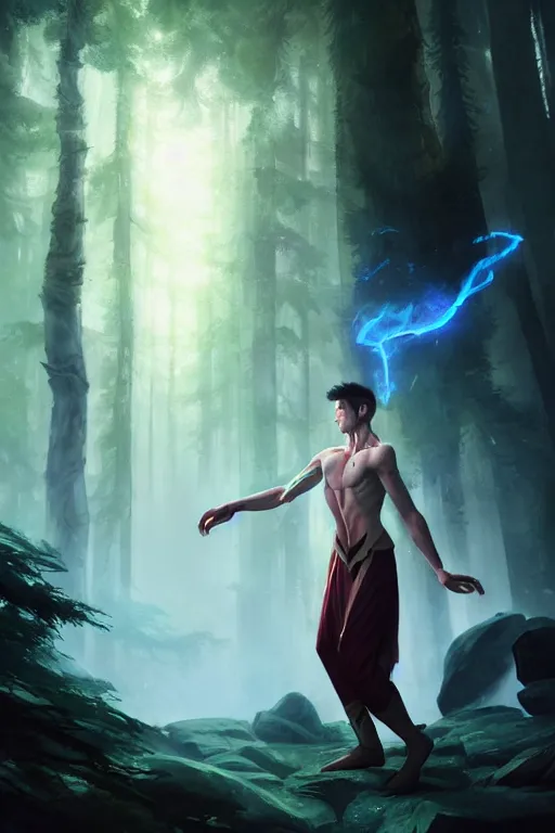 Prompt: a human elemental sorcerer, forest setting, colorful magic, male, white skin, young, sharp focus, concept art, dynamic lighting, unreal engine, by emylie boivin 2. 0 | greg rutkowski 0. 5
