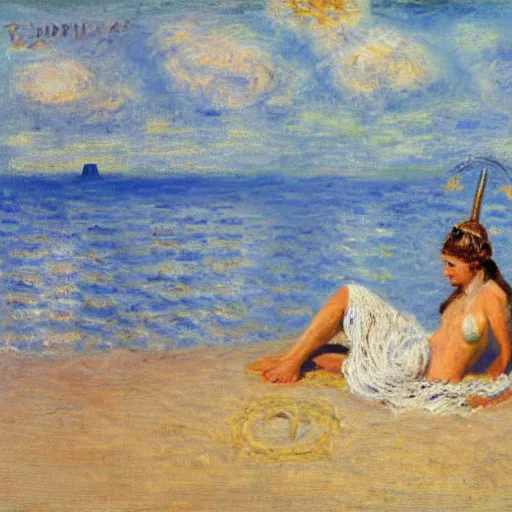 Image similar to painting of a viking woman getting a sun tan on a tropical beach, intricate, 8 k, in the style of claude monet, high detal