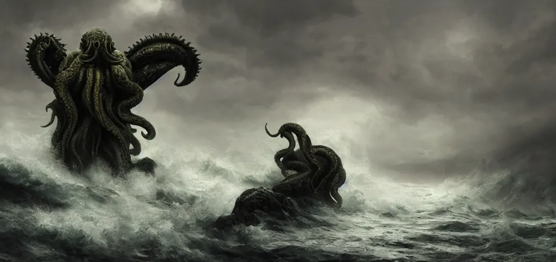 Image similar to cthulhu rising out a stormy ocean, ancient evil, stormy weather, handsome, profile, widescreen, intricate, detailed, volumetric lighting, scenery, digital painting, highly detailed, artstation, sharp focus, illustration, concept art, ruan jia, steve mccurry