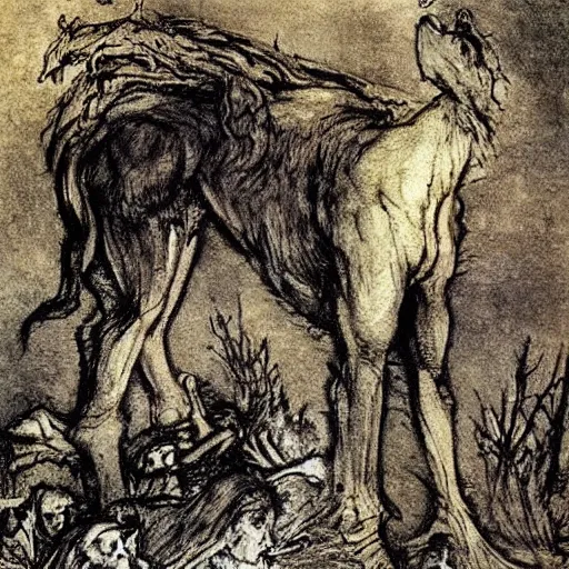 Image similar to And what rough beast, its hour come round at last, slouches towards Bethlehem to be born?, painted by Arthur Rackham