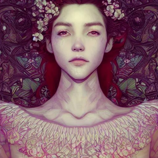 Image similar to the face of an absurdly beautiful, graceful, elegant, sophisticated young woman made of strawberries and white petals with tears, an ultrafine hyperdetailed illustration by kim jung gi, irakli nadar, intricate linework, bright colors, octopath traveler, final fantasy, unreal engine 5 highly rendered, global illumination, radiant light, detailed and intricate environment