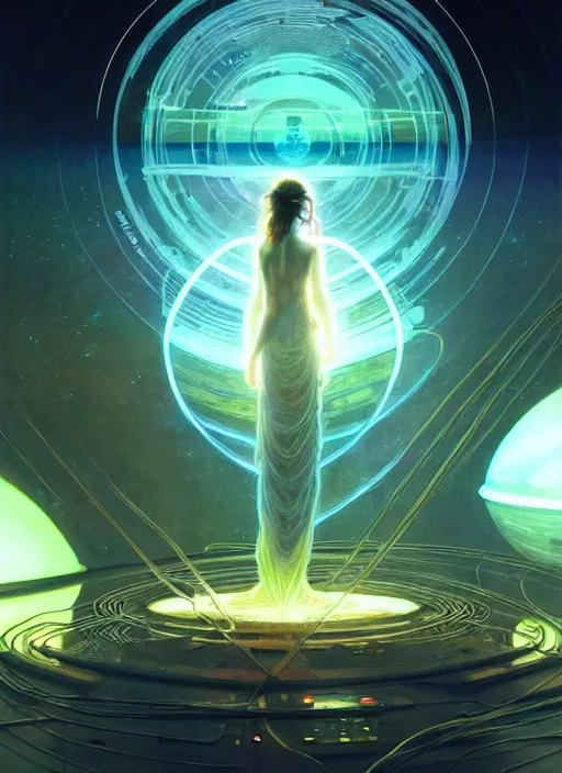 Prompt: high depth, collective civilization peace, calm, healing, resting, life, hybrids, scifi, glowing lights!!, published concept art, mixed medias, image overlays, sharp focus, thin glowing wires, winning illustration, art by greg rutkowski and alphonse mucha, singularity!!!, 3 6 0 projection