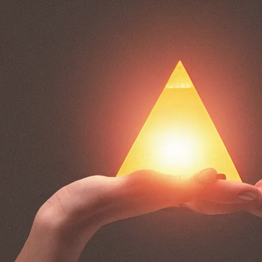 Image similar to an open hand facing up, a tiny glowing pyramid is floating slightly above the palm of the hand