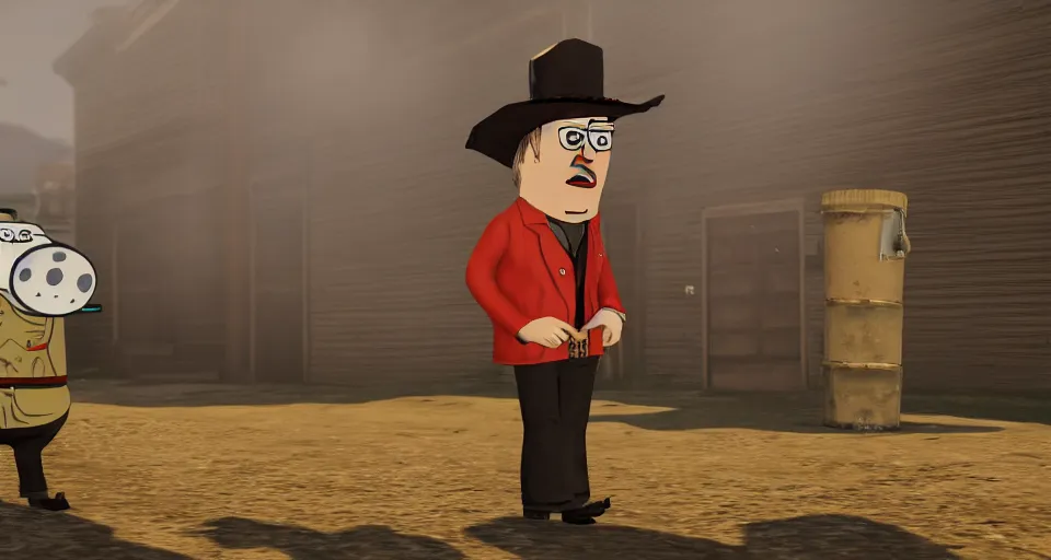 Image similar to Screenshot of Master Shake from Aqua Teen Hunger Force as a 3d cowboy in full cowboy attire in the videogame 'Red Dead Redemption 2'. Sharpened. 1080p. High-res. Ultra graphical settings.