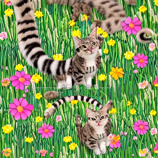 Prompt: Cat with snake color stripes walking in a flowery field, ultra-realistic