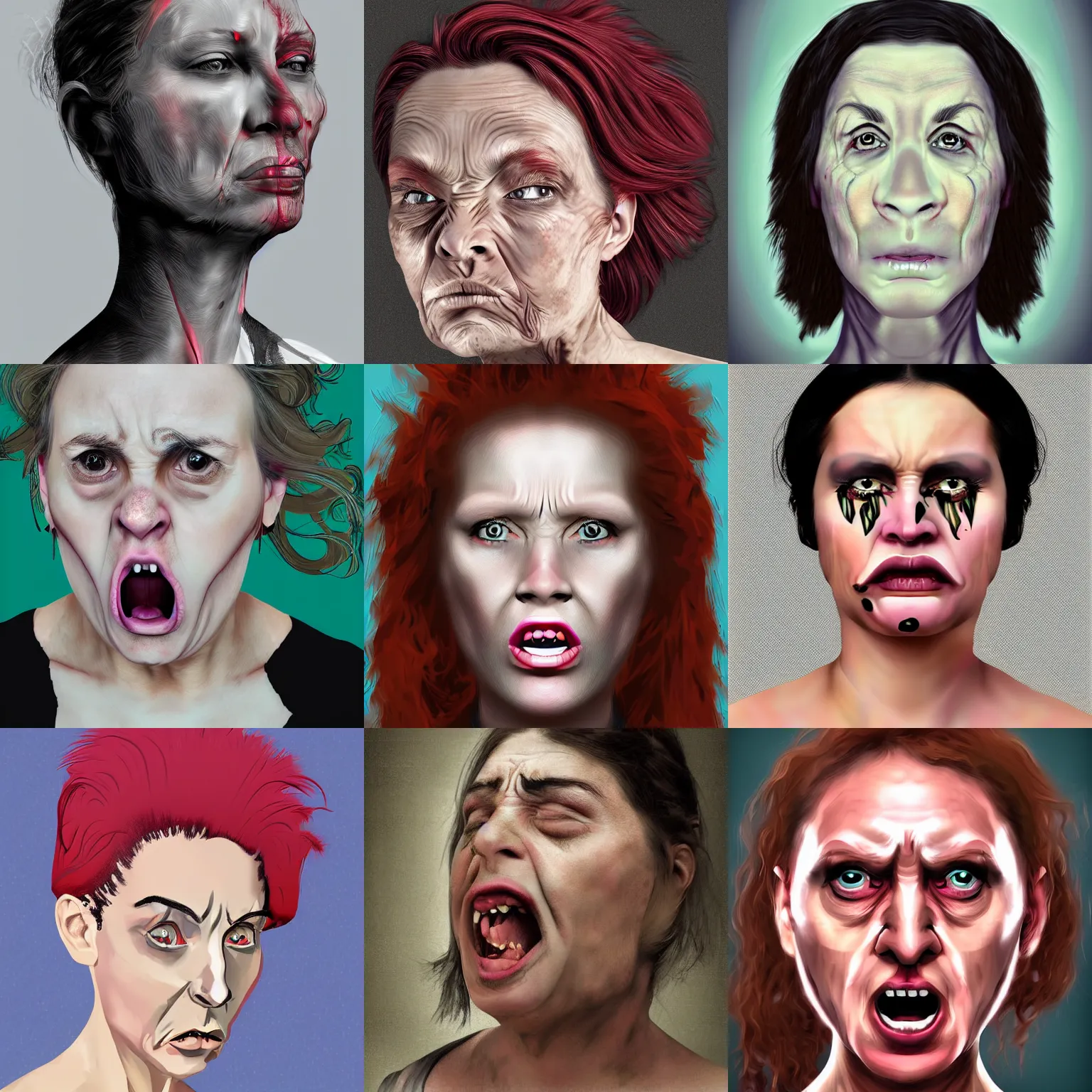 Prompt: an amazing digital art portrait of an ugly angry woman.
