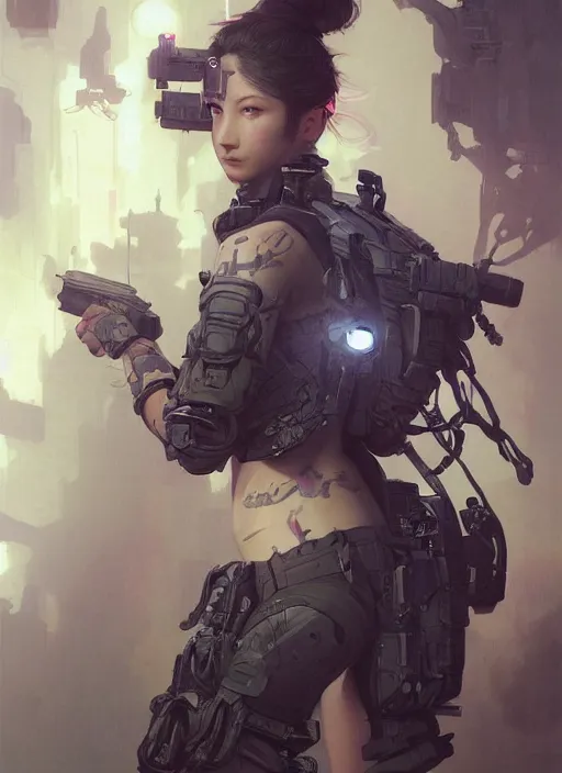 Image similar to girl covered with tattoos wearing tactical gear, intricate lights, bio luminescent, plasma, by ruan jia and artgerm and range murata and wlop and ross tran and william - adolphe bouguereau and beeple. key art. fantasy illustration. award winning, artstation, intricate details, realistic, hyperdetailed, 8 k resolution.