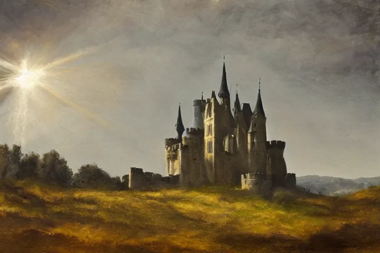 Image similar to Castle just made of clouds, celestial light, divine, in the style of Wylie Beckert