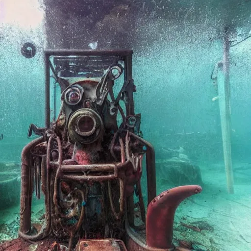 Image similar to abandoned rusty underwater theme park, surreal, horror, eerie, creepy, murky water, underwater, underwater photography, dark, submechanophobia, animatronics,