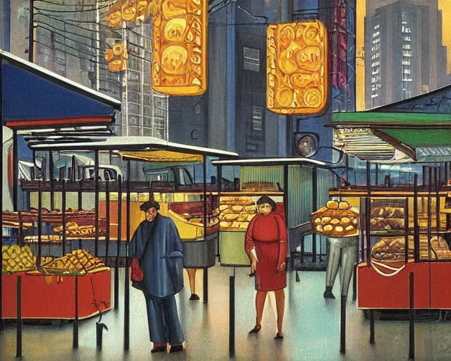 Image similar to street with food stands in a cyberpunk city on a rainy melancholy seattle night in 1 9 9 6 by de chirico