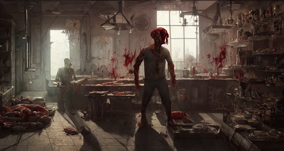 Image similar to highly detailed portrait butcher zombie in gta v, old butchery interior, stephen bliss, unreal engine, fantasy art by greg rutkowski, loish, rhads, ferdinand knab, makoto shinkai and lois van baarle, ilya kuvshinov, rossdraws, tom bagshaw, global illumination, radiant light, detailed and intricate environment