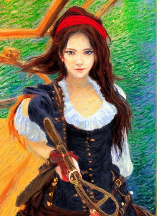 Image similar to a portrait of a female pirate, anime in impressionist style, trending artwork, 4 k, anime painter studio, by claude monet