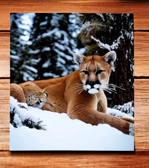 Image similar to torn up postcard of 'a cougar sleeping in the middle of snowy pine tree' laying on coffee table, zoomed out shot, HD, iphone capture