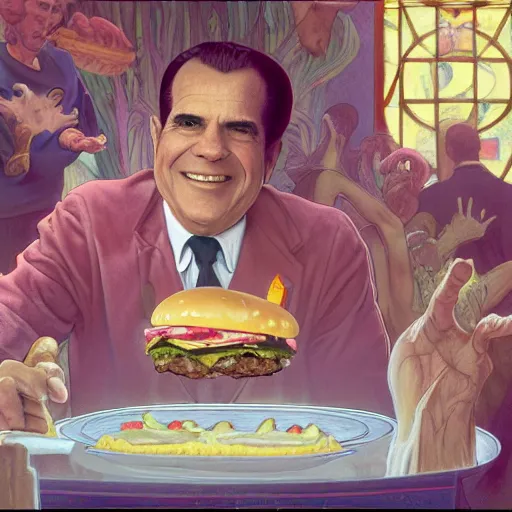 Prompt: Richard Nixon with pink pixie haircut eating giant hamburgers, sexy sesame seed buns, extra bacon lettuce and tomato, french fries levitate in the background and cast holy light, drawn by Donato Giancola and Jon Foster, frank frazetta, alphonse mucha, background by James Jean and gustav klimt, 4k, volumetric lighting, trending on artstation, hyperrealistic