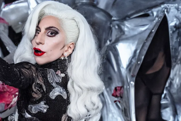 Image similar to lady gaga plays cruella in the live action adaptation of cruella, red weapon 8 k s 3 5, cooke anamorphic / i lenses, highly detailed, cinematic lighting