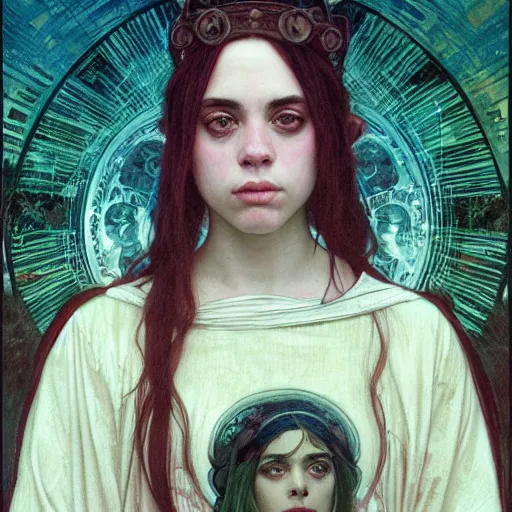 Prompt: detailed portrait painting of Billie Eilish as a goddess in an extremely moody abandoned industrial city at night, with anxious, piercing eyes, by Alphonse Mucha, Michael Whelan, William Adolphe Bouguereau, John Williams Waterhouse, and Donato Giancola