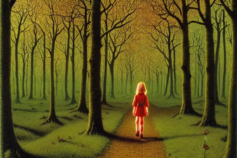 Prompt: centre portrait of a girl walking through forest!!, spring, early morning, symmetry, retro 8 0 s style, colourful, accurate, realistic illustration, art by peter elson