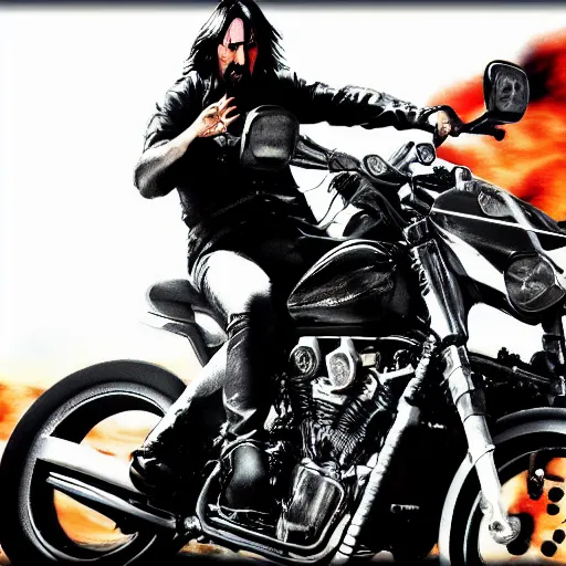 Image similar to Keanu reeves Riding a motorcycle through hell digital art 4K detail