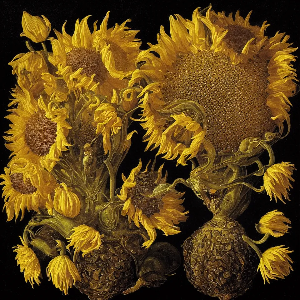 Image similar to dutch golden age bizarre sunflower portrait made from flower floral still life with very detailed aquatic flowering lotuses with amphibians, disturbing fractal forms sprouting up everywhere by rachel ruysch black background chiaroscuro dramatic lighting perfect composition high definition 8 k oil painting with black background by christian rex van dali todd schorr of a chiaroscuro portrait recursive masterpiece