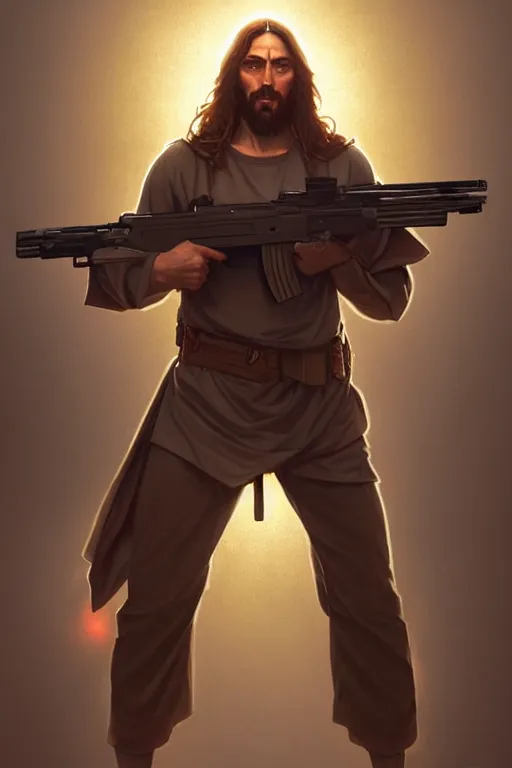 Image similar to jesus christ wielding guns, in an action pose, realistic portrait, symmetrical, highly detailed, digital painting, artstation, concept art, smooth, sharp focus, illustration, cinematic lighting, art by artgerm and greg rutkowski and alphonse mucha