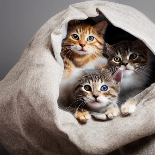 Image similar to a highly detailed photo of multiple furry cats, they are inside a big sack, gray background, studio lighting, 4 k, 8 k