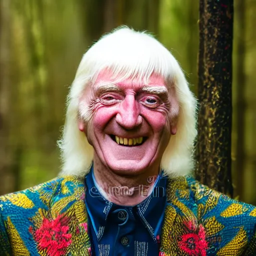 Image similar to full length beautiful jimmy savile, forest style studio shot, professional photographer, many details, super realistic, high quality, 8 k