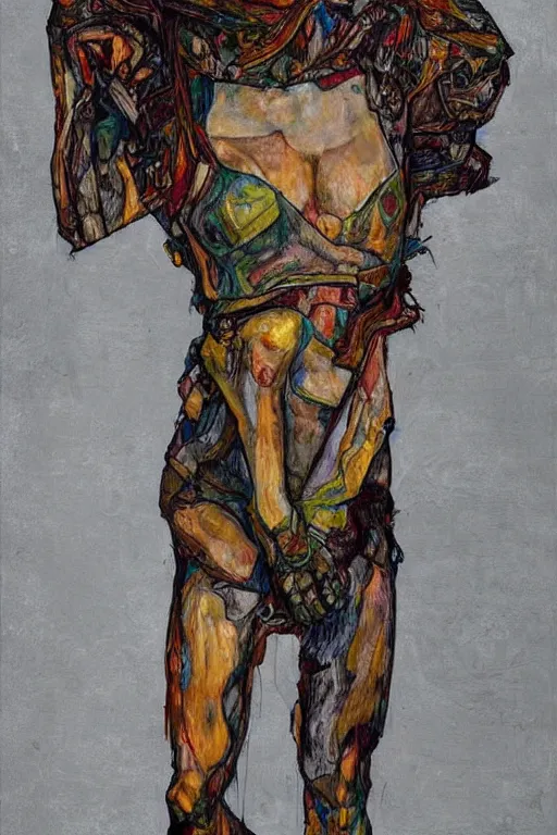 Image similar to a full body character with multiple lifted arms in style of egon schiele and herakut, masterpiece, hyperdetailed, complex, intricate, veiled, 4 k, 8 k, dynamic!!, trending on artstation