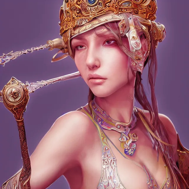 Image similar to studio portrait of neutral good colorful female cleric bard healer as absurdly beautiful, elegant, young sensual swimsuit model, ultrafine hyperrealistic detailed face illustration by kim jung gi, irakli nadar, intricate linework, sharp focus, bright colors, matte, octopath traveler, final fantasy, unreal engine highly rendered, global illumination, radiant light, intricate environment