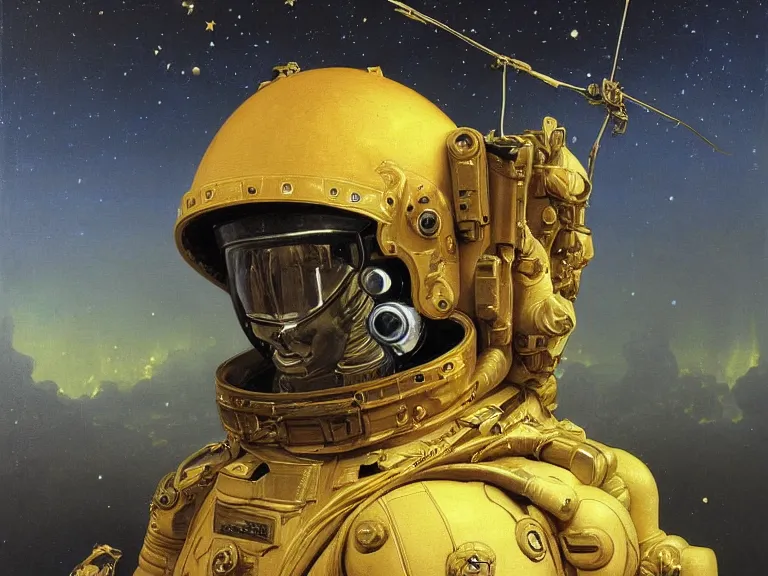 Image similar to a detailed profile oil painting of a soldier in a spacesuit with reflective helmet, advanced technology flight suit, portrait symmetrical and science fiction theme with aurora lighting clouds and stars by beksinski carl spitzweg and tuomas korpi. baroque elements, full-length view. baroque element. intricate artwork by caravaggio. Trending on artstation. 8k