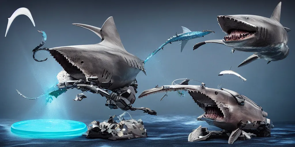 Image similar to very powerful shark and whale mystical statue robot, highly detailed, 8 k, masterpiece, super resolution.