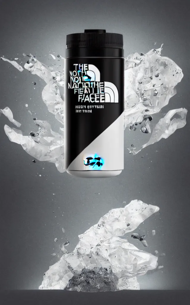 Image similar to the north face high tech dietary supplement bottle filled with dense white liquid, round bottle, black top, concept art, matte, sharp focus, illustration, art by aenaluck,