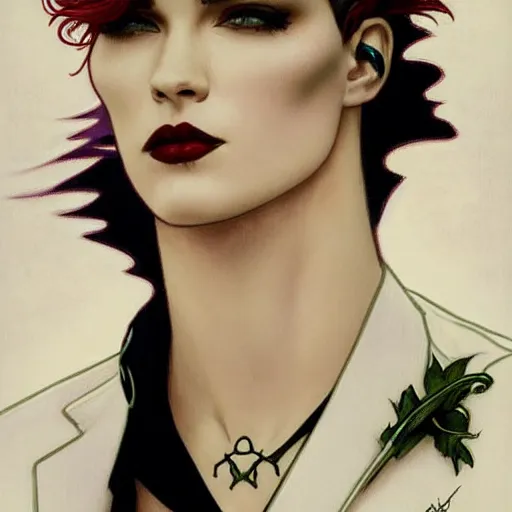 Prompt: beautiful portrait of androgynous ruby rose as desire from sandman in a white tuxedo!!!, rockabilly style, art deco, by alphonse mucha, cedric peyravernay, by jeremy mann, by frank moth, white suit and black tie, soft lightning, high detailed, 8 k