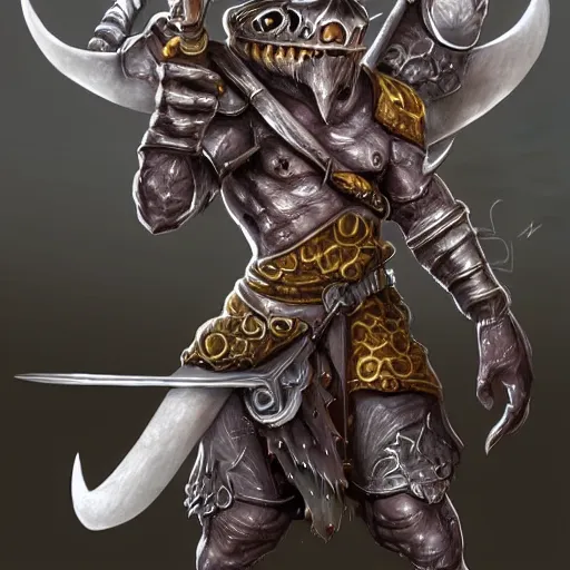 Prompt: a kobold with silver scales holding a warhorn, artstation dungeons and dragons, concept character art