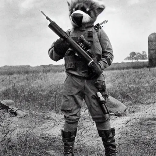 Prompt: a furry holding a rocket launcher in a battlefield, photograph