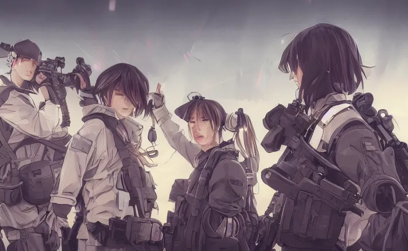 Image similar to anime style, modern warfare, panoramic view, searchlights in background, soldier clothing, hair down, real faces, symmetrical facial features, from arknights, hyper realistic, wallpaper, detailed drawing, trending pixiv, safebooru, volumetric modelling, think in 3 d, by alphonse mucha, greg rutkowski, sharp focus, backlit, mechanized transport