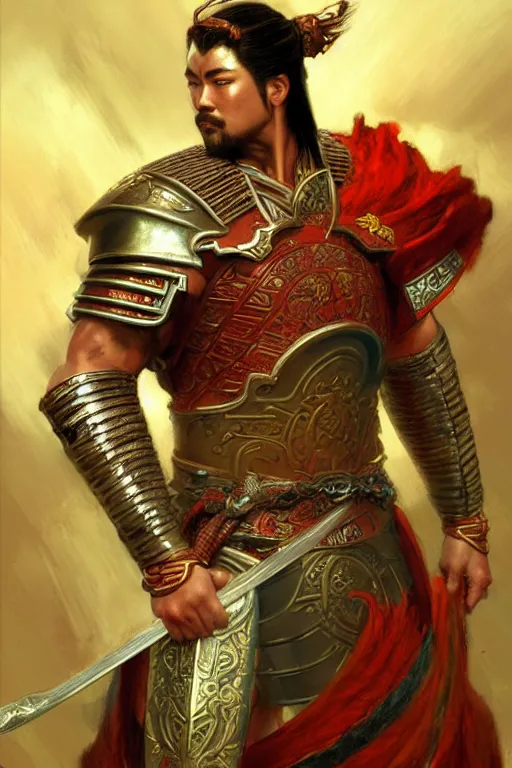 Image similar to attractive beefy male with armor, ancient china, three kingdoms, character design, dynamic lighting, colorful, painting by gaston bussiere, craig mullins, j. c. leyendecker, tom of finland