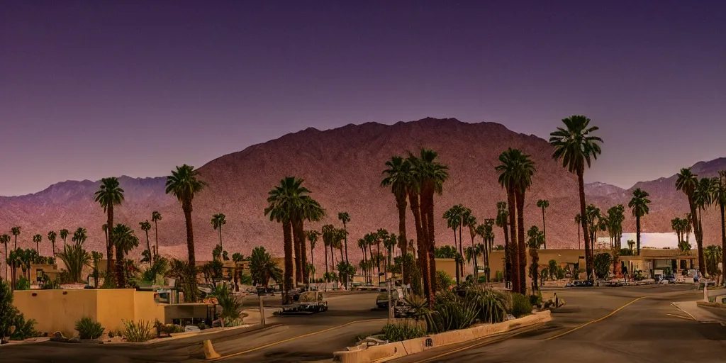 Image similar to palm springs as as futuristic city, sci fi, blade runner, cinematic, underexposed,