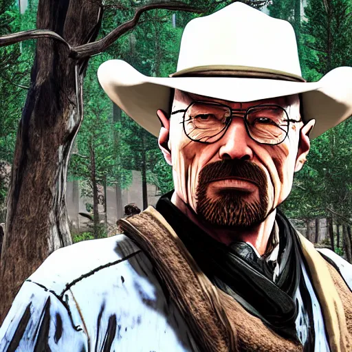 Prompt: Walter White as a character in Red Dead Redemption 2, forest during sunset, realistic screenshot