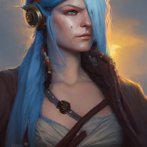 Prompt: a detailed portrait of a woman pirate with blue hair, by justin gerard and greg rutkowski, digital art, realistic painting, dnd, character design, trending on artstation