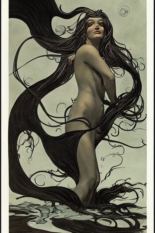 Prompt: dark evil mermaid with long flowing hair, by N.C. Wyeth, j.c. leyendecker, Bernie Wrightson