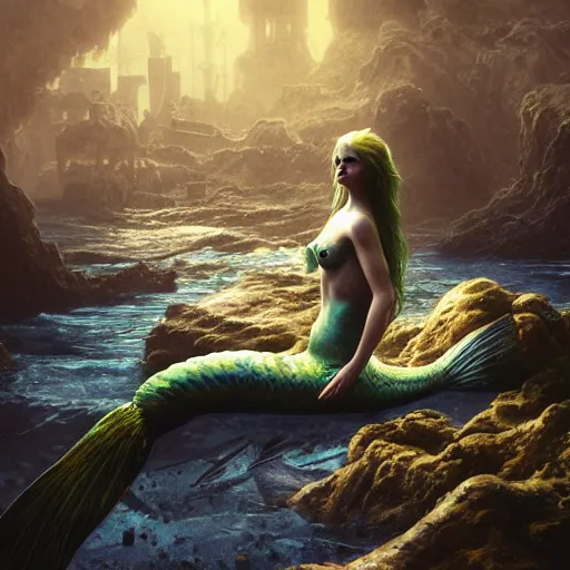 Image similar to a sad mermaid covered in toxic waste, ultra realistic, concept art, intricate details, highly detailed, photorealistic, octane render, 8 k, unreal engine, art by frank frazetta, simon bisley, brom