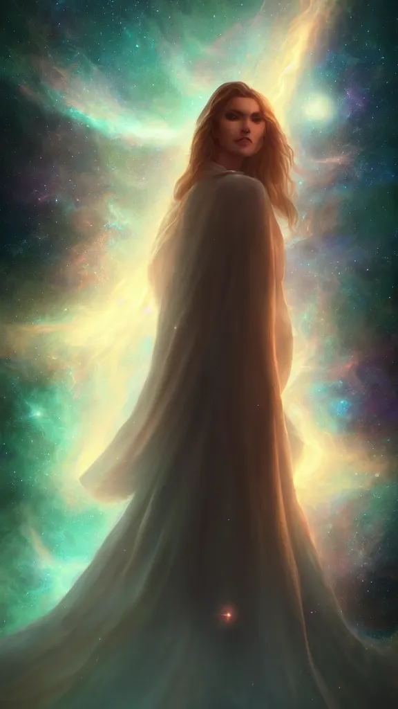 Image similar to god with a cape, full body, galaxy, and, stars, atmosphere, ethereal, insanely, detailed, volumetric, symmetrical, concept art, charlie bowater, kelly mckernan, unreal engine, 8 k